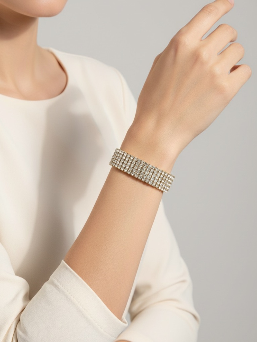 Gold Rhinestone Stretch Bracelet | Multi-Row Crystal Cuff